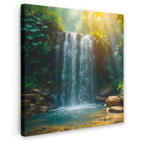 LEINWANDBILD Wasserfall - Dschungel - Sonne - Grün - Natur 90x90 cm - Grün, Textil (90/90cm) - MuchoWow