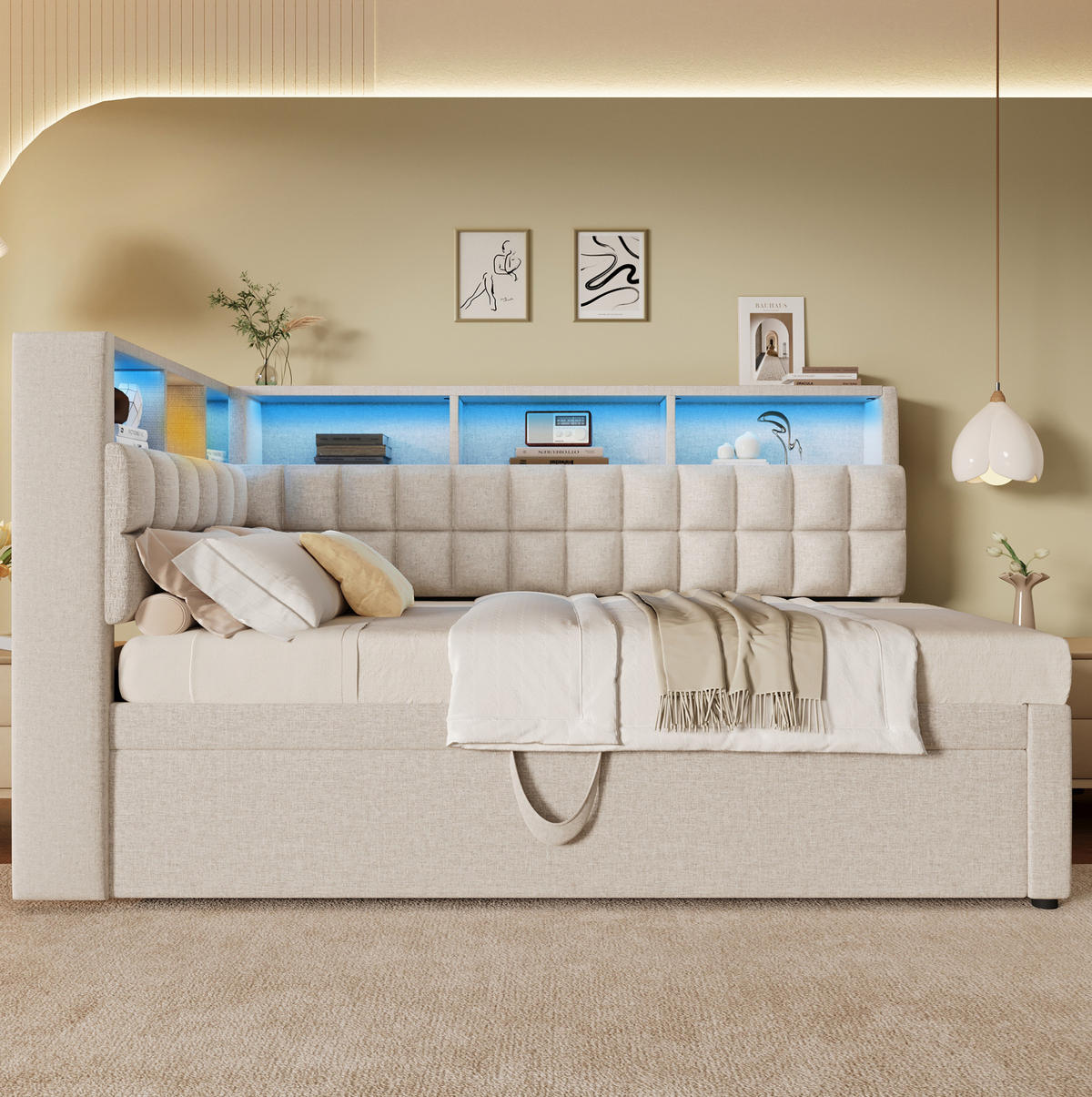 POLSTERBETT 90/180x200 cm Beige mit LED-Beleuchtung und Bluetooth-Lautsprecher - Beige, Textil (90/200cm) - Flora Grace