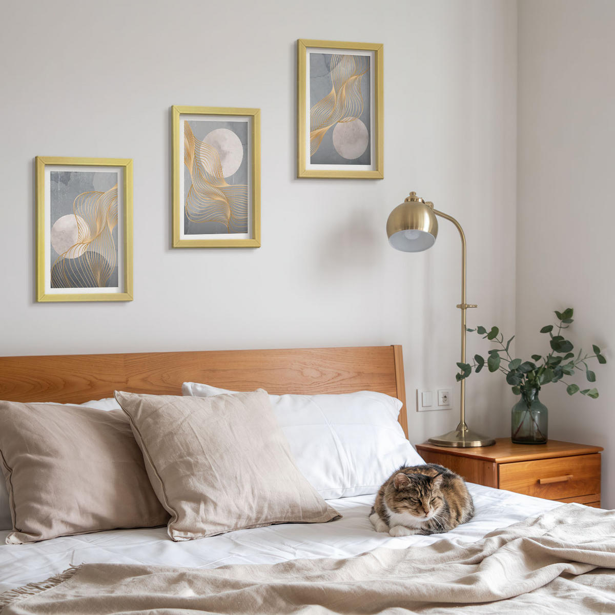 WANDBILDER 3er Set - 20x30 cm Goldrahmen - Abstrakte Muster Wellen Kreise - Goldfarben, Kunststoff (20/30cm) - ArtPrintCave