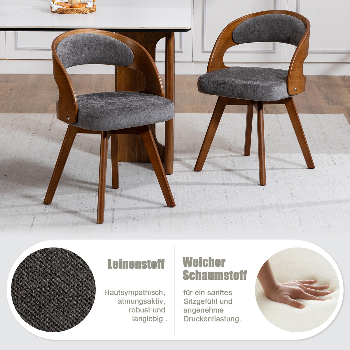 ESSZIMMERSTUHL 2er-Set drehbar mit Leinenkissen, Grau - Grau, Textil (41/72/44cm)