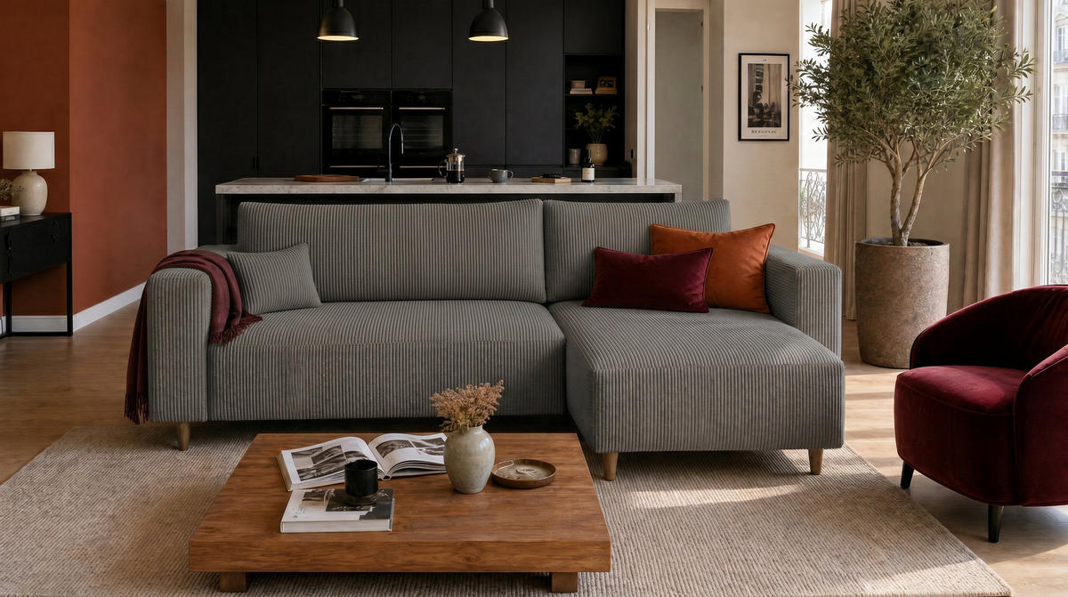 ECKSOFA mit Schlaffunktion und Bettkasten Rio, Ecksofa Cordstoff Dunkelgrau, Ottomane Universal, 249x142 cm - Dunkelgrau, Textil (249/142cm) - Marpur