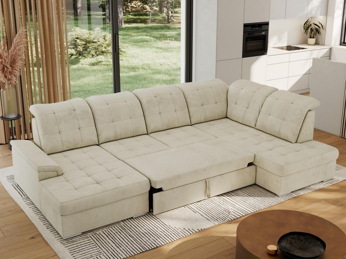 WOHNLANDSCHAFT MADRITO U - Beige Velorus - Rechts - Beige/Silberfarben, Textil/Metall (323/89/204cm) - MKS