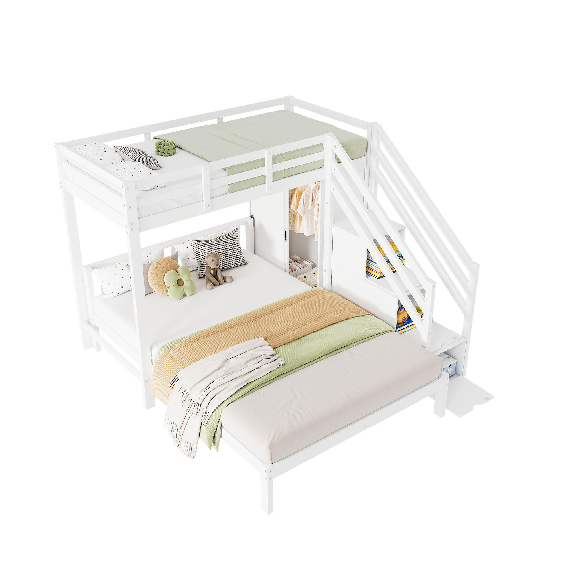 ETAGENBETT 90/200 cm + 140/200 cm in Weiß mit Kleiderschrank und Stauraumtreppe - Weiß, Holz - BEAOK