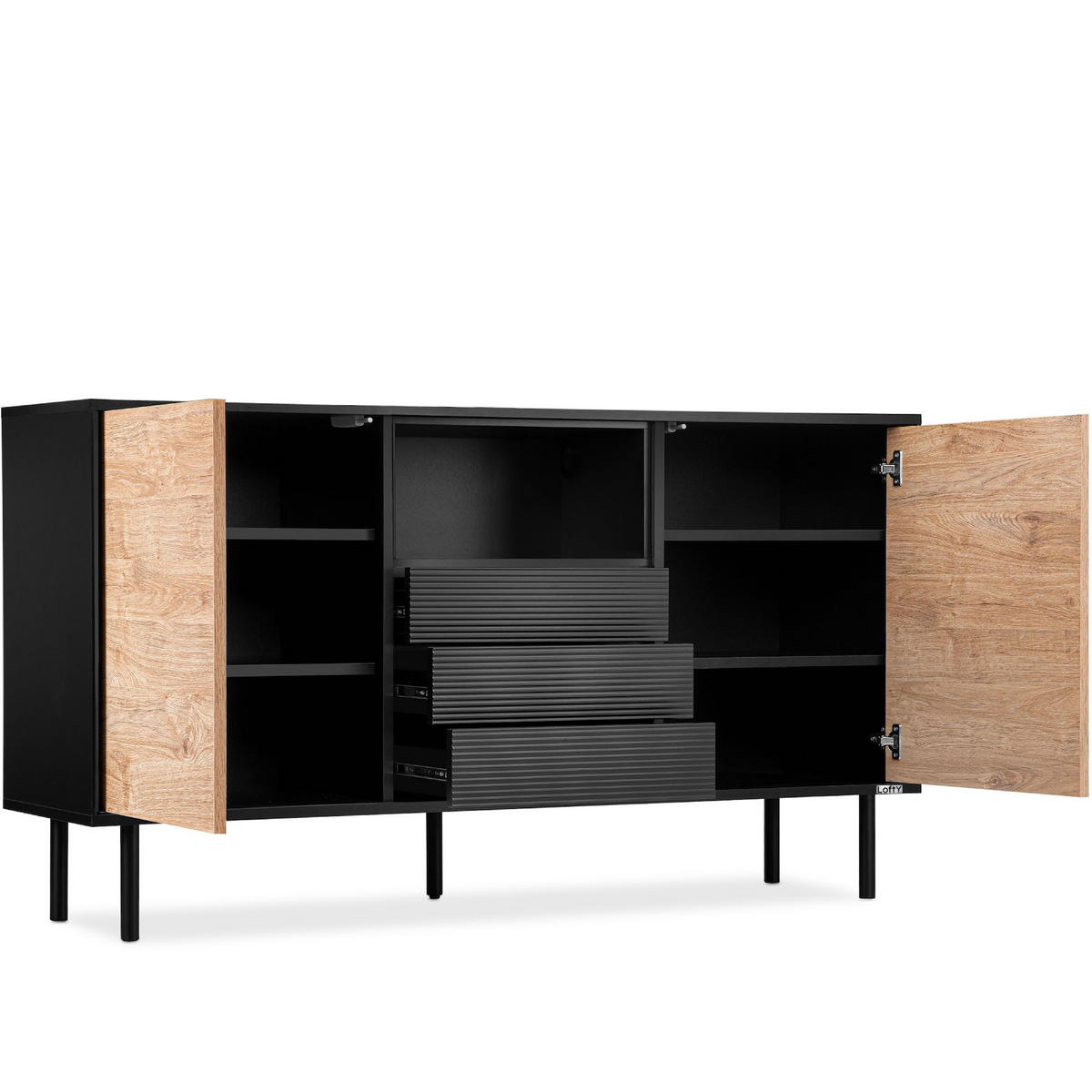 KOMMODE LOFTY Außenseiteneinlage, schwarz / Eiche natur - Eichefarben/Schwarz, Holzwerkstoff (151/84/41cm) - KONSIMO®