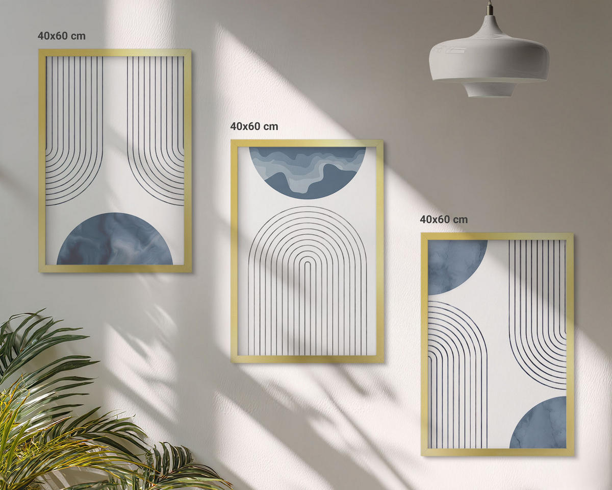 WANDBILDER 3er Set - 40x60 cm Goldrahmen - Abstrakte blaue Muster - Goldfarben, Kunststoff (40/60cm) - ArtPrintCave