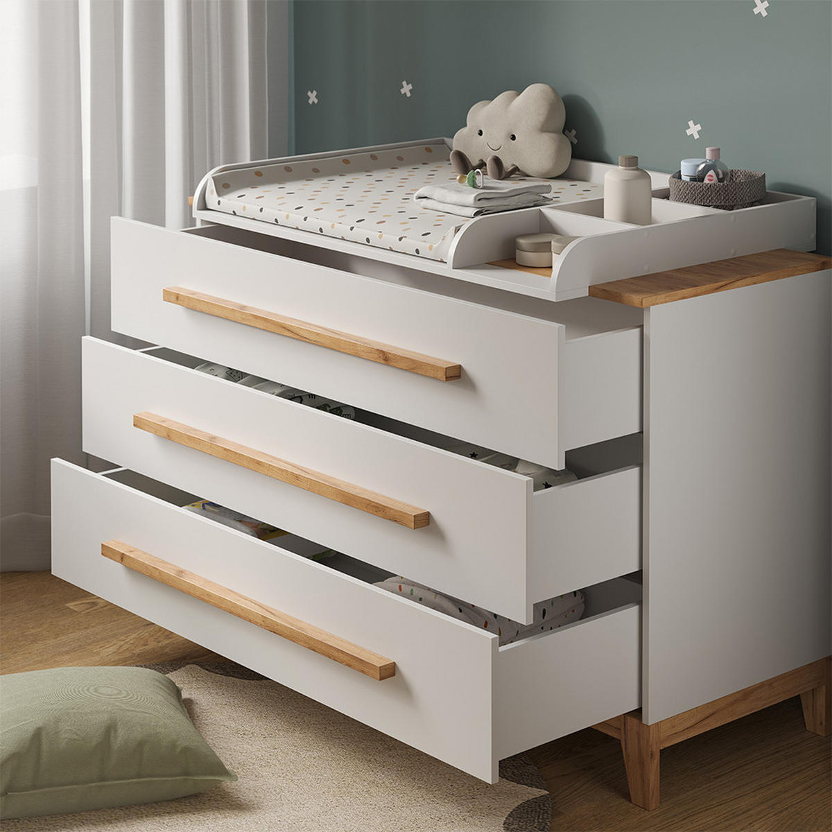 WICKELKOMMODE Malia Weiß/Artisan 133.2 x 98 cm mit 3 Schubladen - Weiß, Holzwerkstoff (133.2/98/70cm) - VitaliSpa