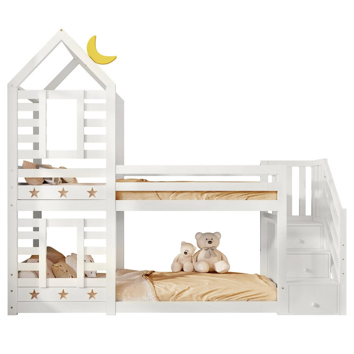HOCHBETT BAUMHAUS mit Schubladen, Rausfallschutz, Treppe, Kiefer Massivholz, Weiß, 96/257/217 cm - Weiß, Holz (90/200cm) - Rolipo