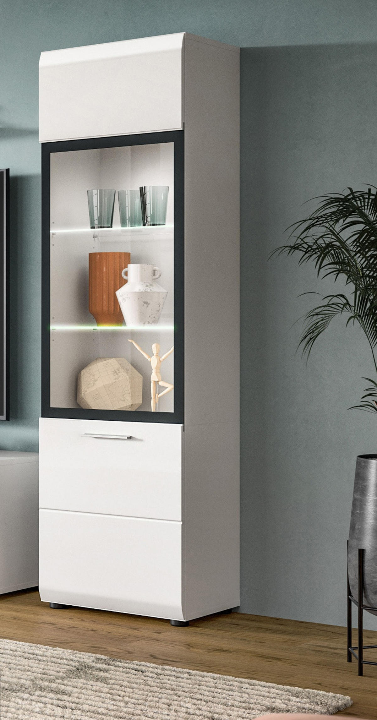 VITRINE weiß Hochglanz 45 x 160 cm, Vitrinenschrank mit 6 Fächern - Weiß Hochglanz/Silberfarben, Glas/Holzwerkstoff (45/160/34cm) - Inn.Furn