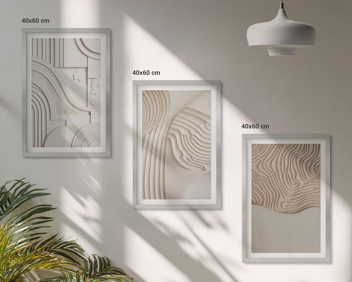 BILDER SET 3er Set - 40x60 cm Silberner Rahmen - Abstrakte Muster beige weiß - Silberfarben, Kunststoff (40/60cm) - TULUP