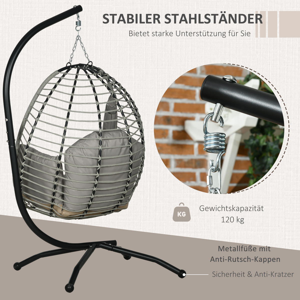 HÄNGESESSEL aus Stahl 110x100x188 cm in Grau mit klappbarem Sitzkorb - Grau, Metall (100/188/110cm) - Modfu