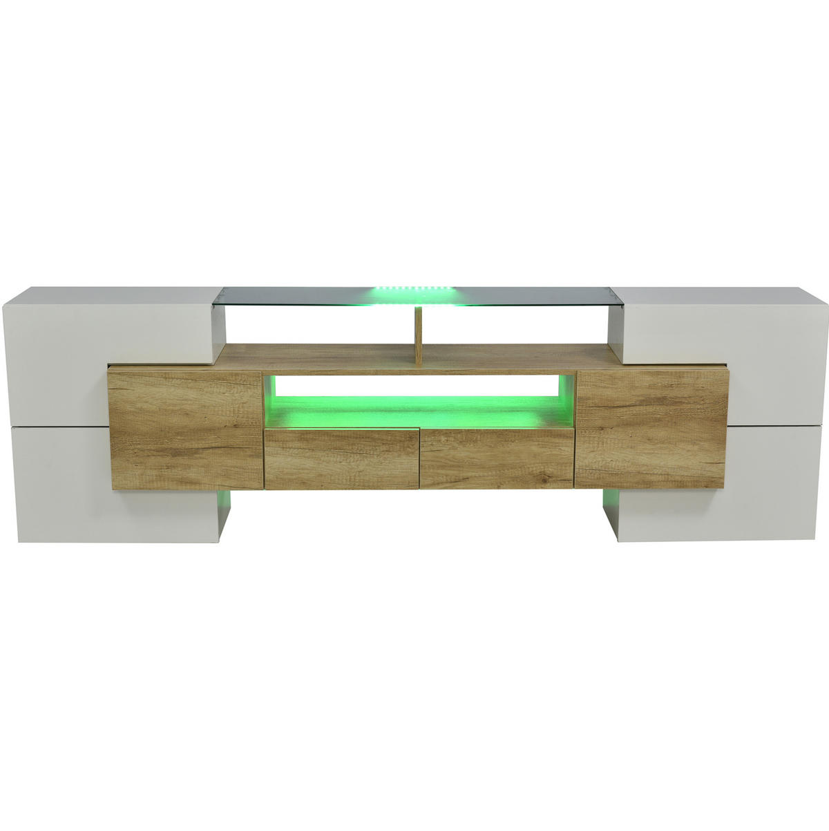 TV stolek 200/35/60 cm s LED osvětlením, velkým úložným prostorem a lesklým povrchem, Přírodní - bílá/hnědá, kompozitní dřevo (200/60/35cm) - Redom