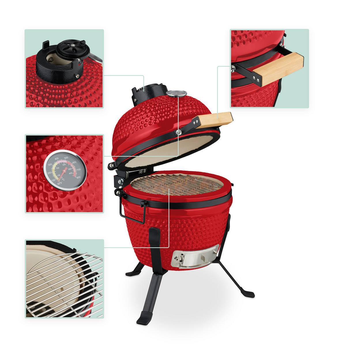 KAMADO-GRILL - Rot, Keramik/Metall (34/56.5cm) - Relaxdays