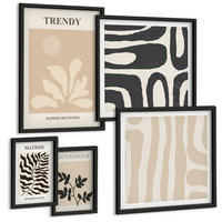BILDER SET 5er Set - 50x50 cm & 20x30 cm & 40x60 cm Schwarzer Rahmen - Stilvolle Pflanzenmuster in Beige und Schwarz - Schwarz, Kunststoff (40/60cm) - TULUP