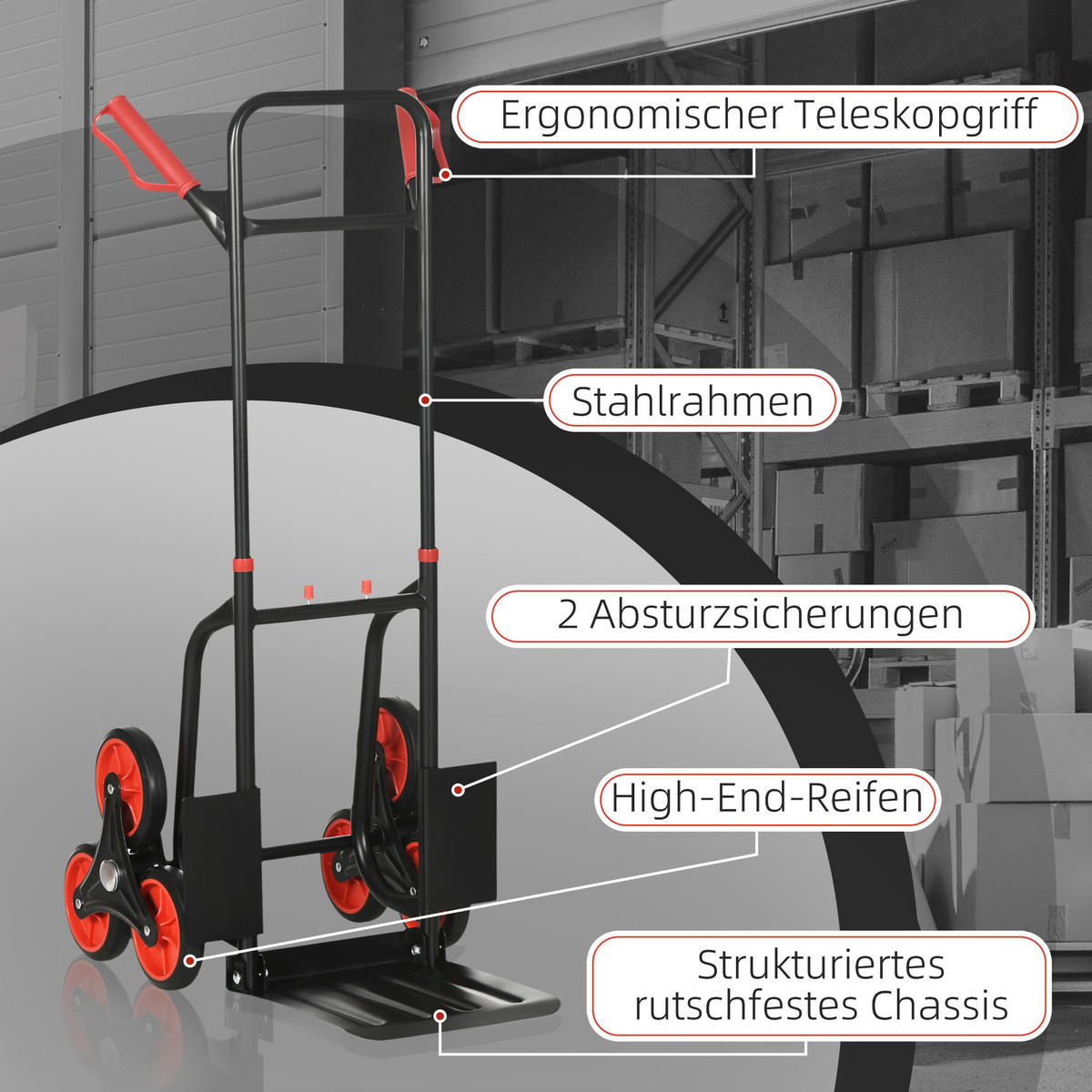 TREPPENSTEIGER Griff höhenverstellbar 120 kg Sackkarre Transportkarre Klappbar - Schwarz, Metall (45/109/60cm) - DURHAND