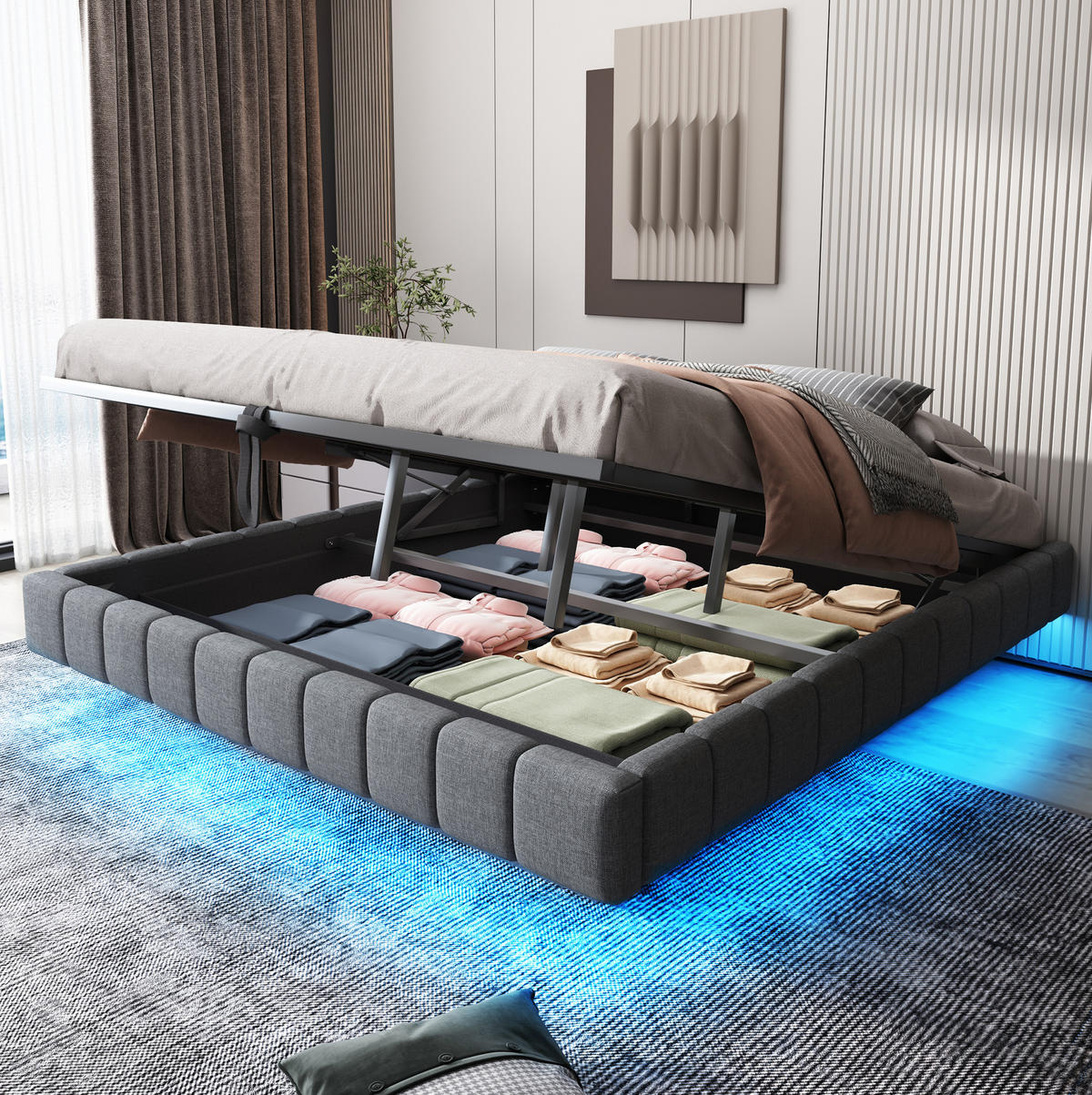 POLSTERBETT 180/200 cm Grau mit Stauraum und LED-Beleuchtung aus Leinen - Grau, Textil (180/200cm) - OKWISH