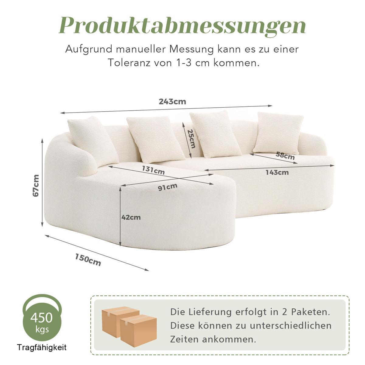 ECKSOFA Chenille Weiß Werkzeugfrei Montierbar - Weiß, Textil (243/150cm) - WISHDOR