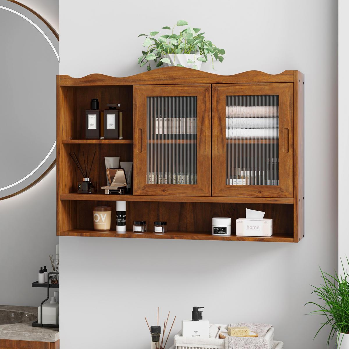 KÜCHENOBERSCHRANK 90/20/60 cm mit 2 Schiebetüren und herausnehmbaren Böden aus Massivholz und Glas, Braun - Braun, Holz (90/60/20cm) - Redom