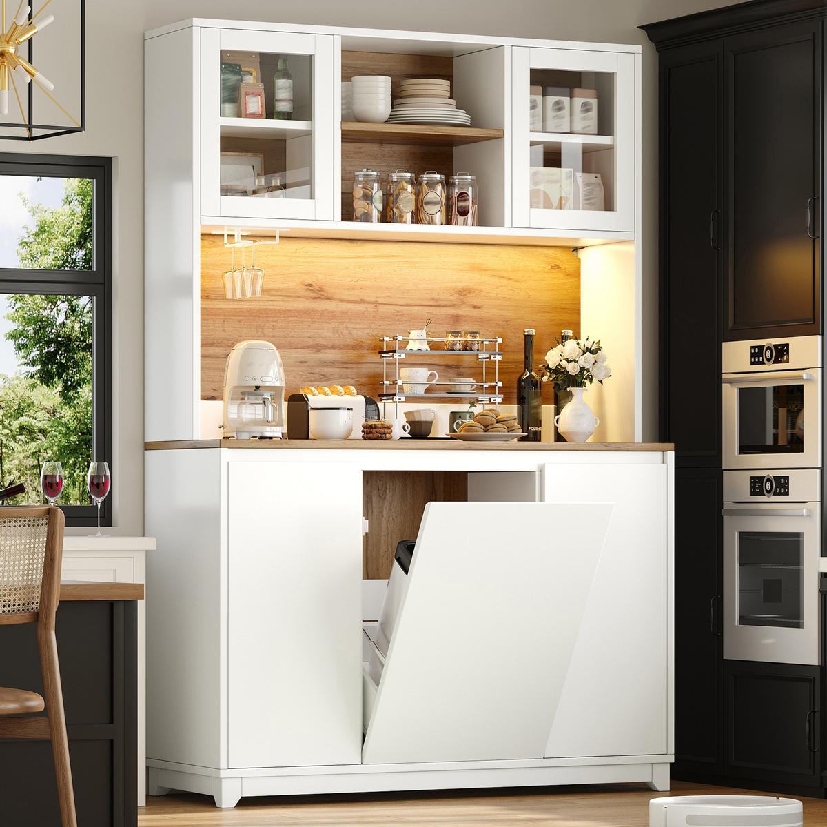 HIGHBOARD in Weiß Küchenschrank mit Acryltüren und LED-Beleuchtung, 120/40/180cm(B x T x H) - Weiß, Holzwerkstoff/Metall (120/180/40cm) - STILVORA