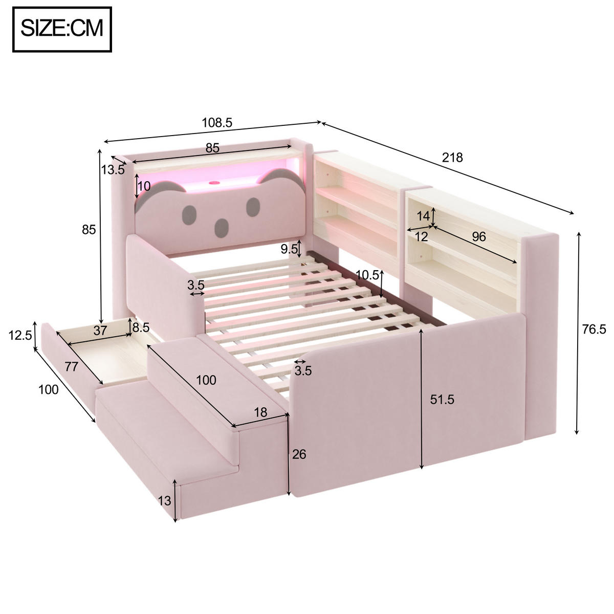 POLSTERBETT 90*200 cm mit LED, USB und Schublade, Rosa - Pink, Textil (90/200cm) - FLIEKS