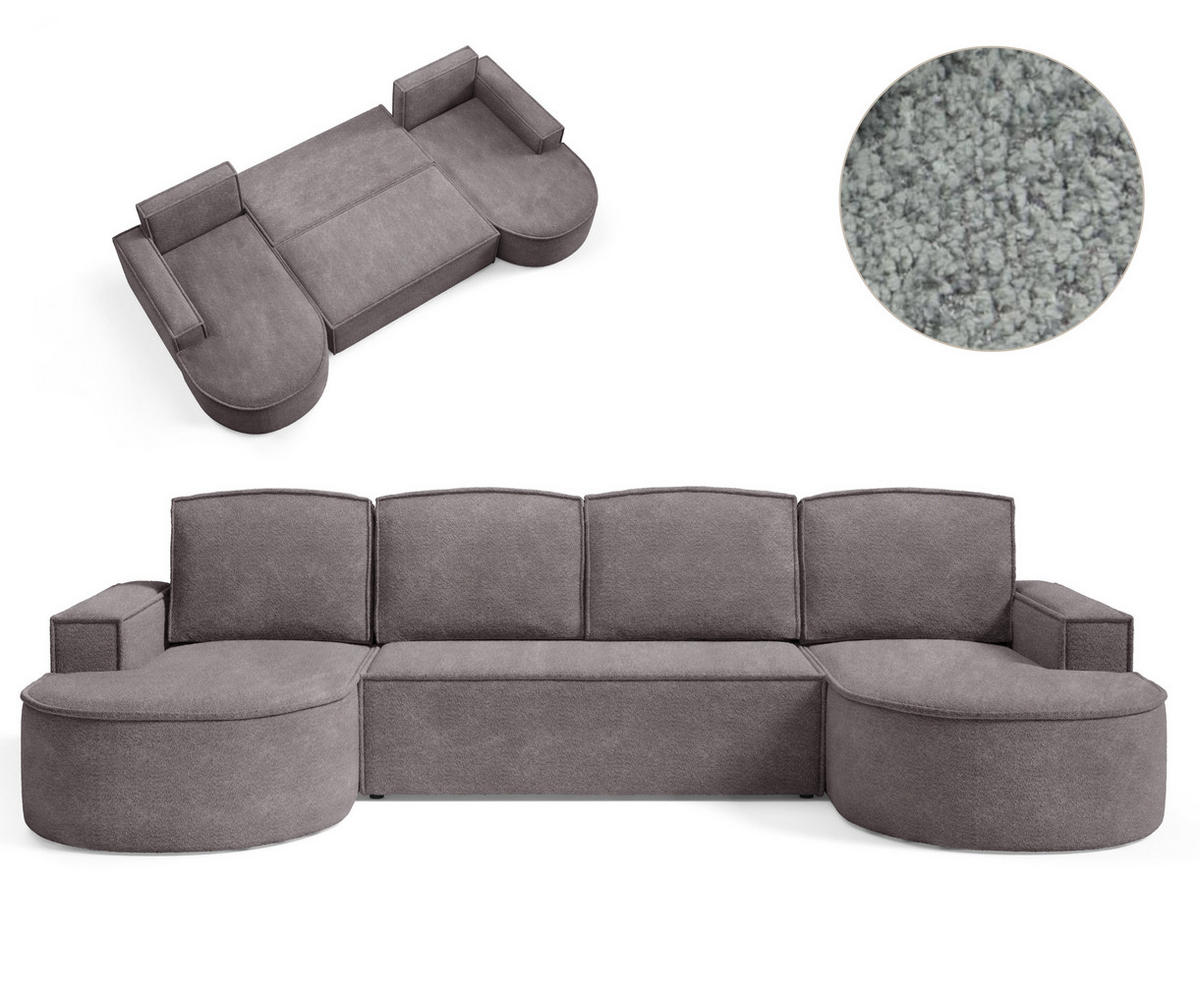 ECKSOFA MOLLY U Freistehendes, mit Schlaffunktion, 140x273cm, Bettkasten und Abnehmbaren Kissen 316x157x88cm, Abriamo Stoff, Grau Seide - Grau, Holz/Textil (316/157cm) - DomoHome