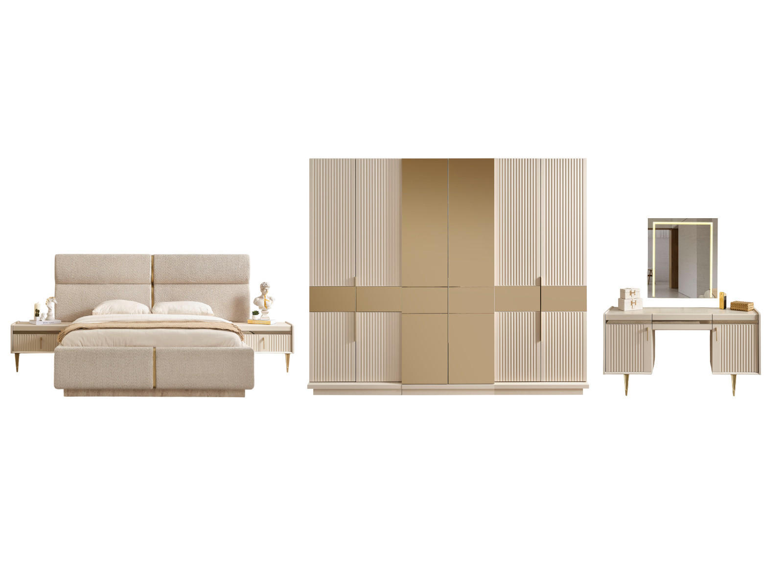 BETTANLAGE TESLA Schlafzimmer-Set, 5-teilig, Beige, Bett mit Kopfteil, 2 Nachttische, Kleiderschrank und Kommode - Beige, Holzwerkstoff (160/200cm)