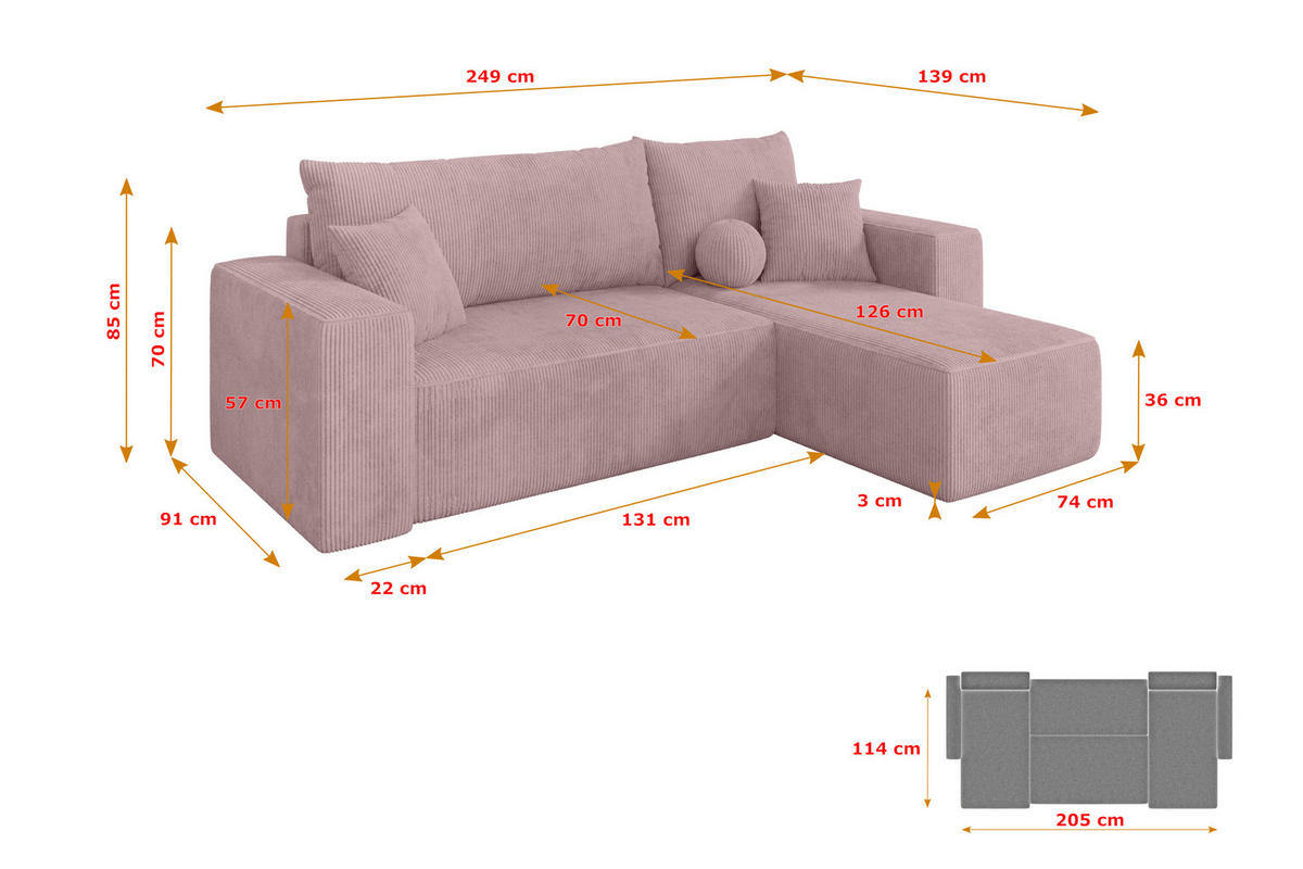 ROHOVÁ SEDAČKA s funkcí spaní, otoman vpravo SENO-L 249x139x85 růžová manšestr - růžová/černá, kompozitní dřevo/textil (249/139cm) - ALTDECOR