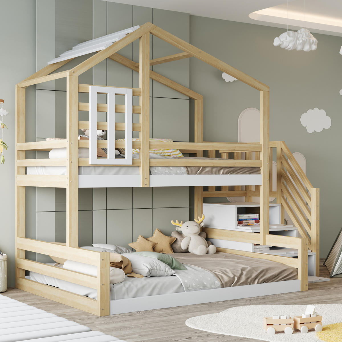 ETAGENBETT aus Kiefernholz und MDF Natur mit Stauraumtreppe, Hausdesign und Fenstern - Naturfarben, Holz (90/200cm) - IVMEU