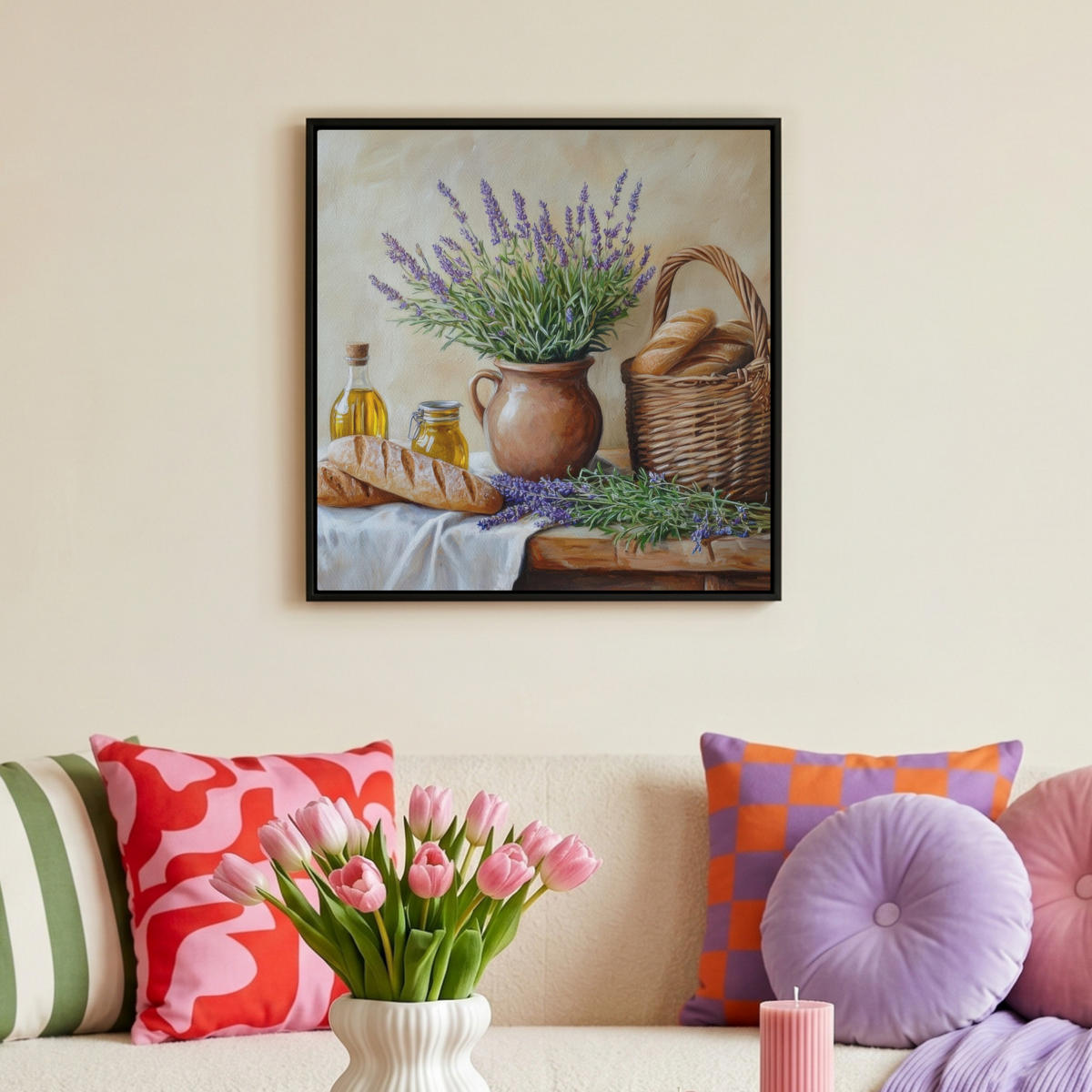 LEINWAND Bilder mit Rahmen - Lavendel - Brot - Stilleben - 50x50 - Flieder, Textil (50/50cm) - MuchoWow