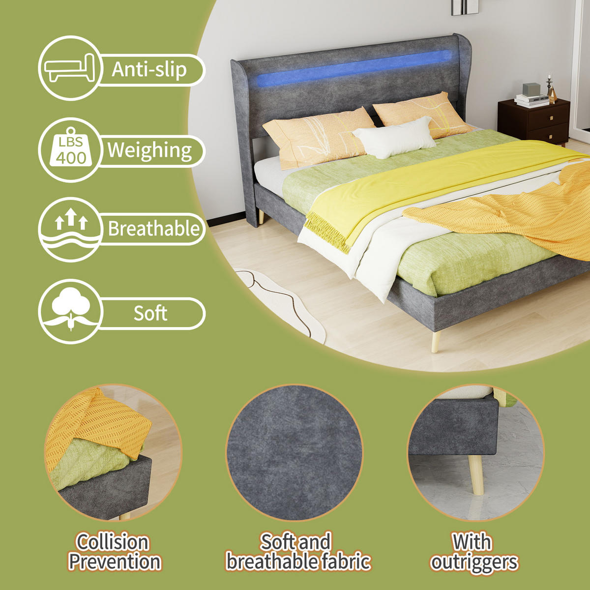 POLSTERBETT 160/200 cm DE-35471 mit LED-Kopfteil Grau - Grau, Metall (160/200cm) - ComfortXL
