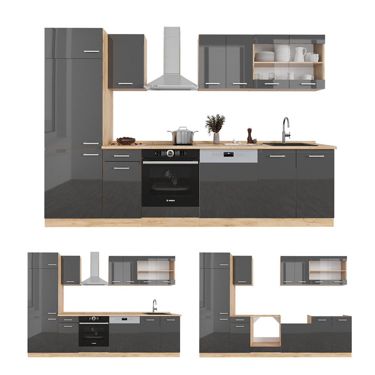 KÜCHENZEILE R-Line Anthrazit Hochglanz/Goldkraft Eiche 300 cm ohne AP - Anthrazit/Eiche Wotan, Holzwerkstoff (300/81.6/46cm) - Vicco