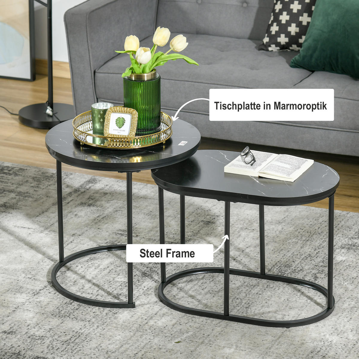 2ER Set Couchtisch Satztisch Rund mit Faux Marmor Seite bis 30 kg Stahl Schwarz - Schwarz, Holzwerkstoff/Metall (50/50/50.5cm) - HOMCOM