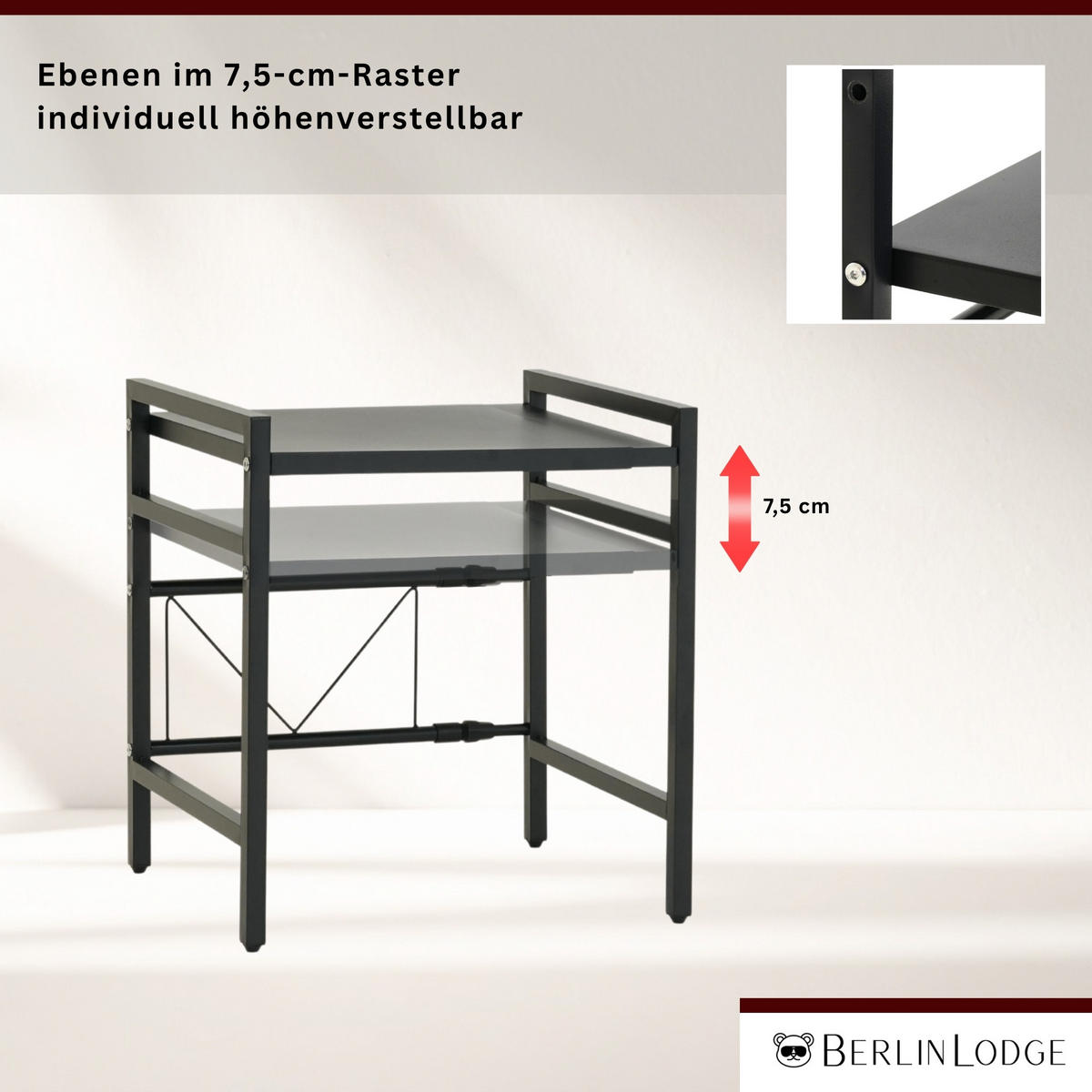 VERSTELLBARES Mikrowellenregal NEXO mit Ablagefläche 2-Stufig HxBxT 46x40-60x36 cm Ausziehbar zwischen 40-60cm Metall Schwarz - Schwarz, Metall (60/46/36cm) - BERLINLODGE