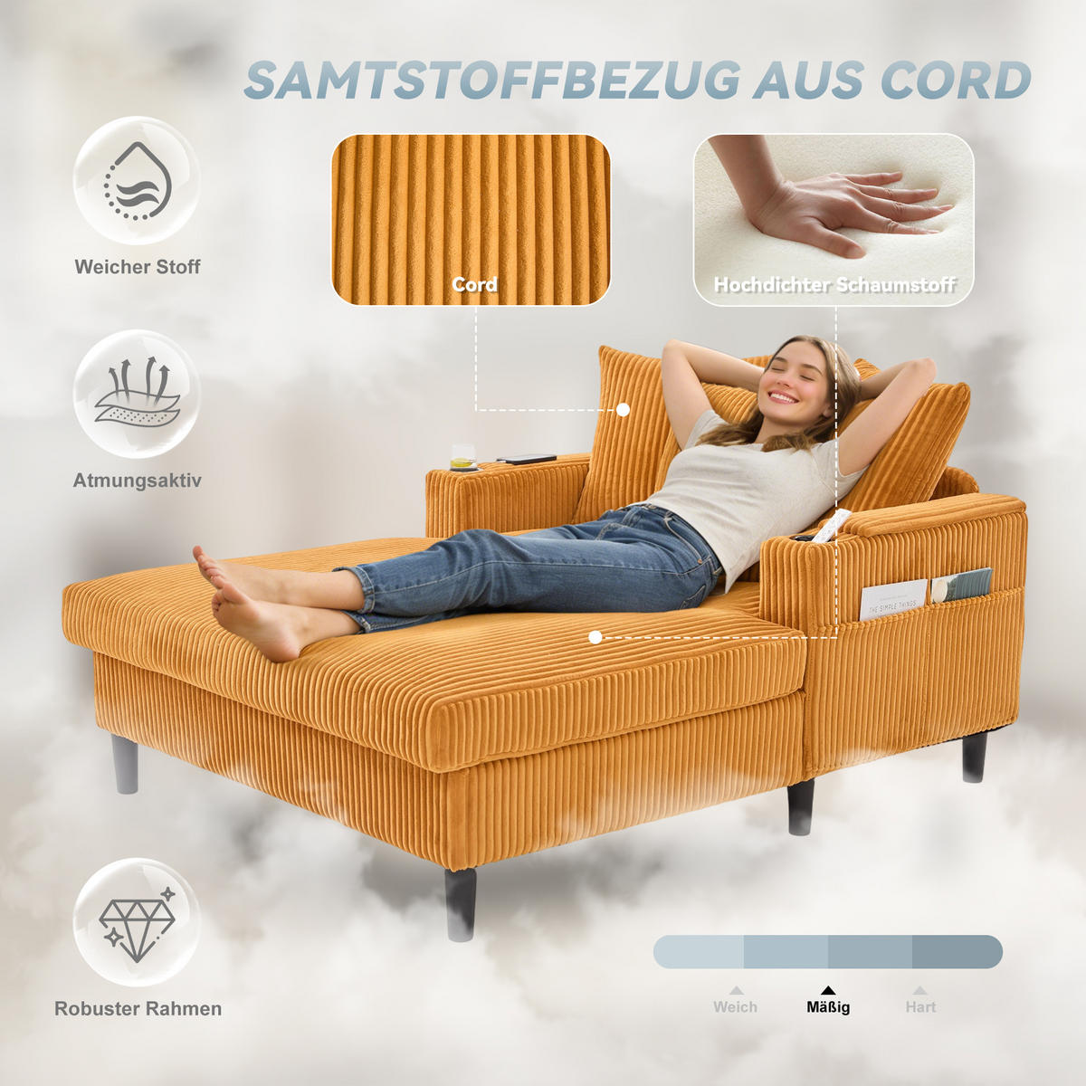 CHAISELONGUE Cord Senfgelb mit LED, USB, Stauraum und mit 3 Kissen - Orange, Kunststoff/Textil (129/70/170cm) - WISHDOR