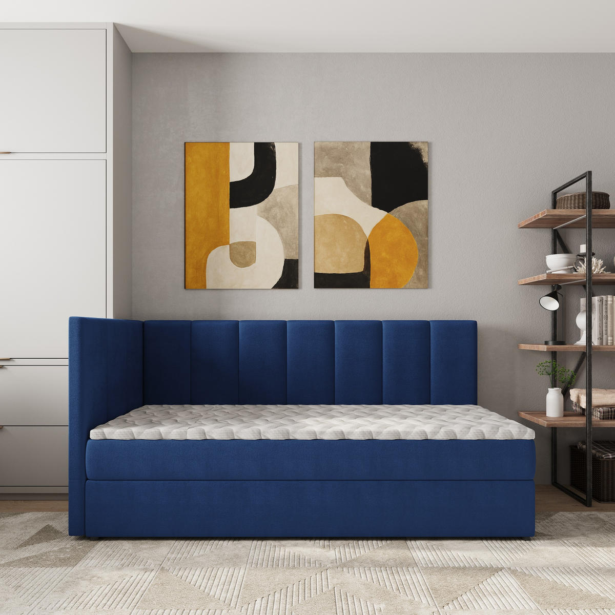 BOXBETT BEVE 100x200 cm mit Matratze und Topper, H2+H3 - Blau - Blau, Holz (100/200cm) - MASSENO