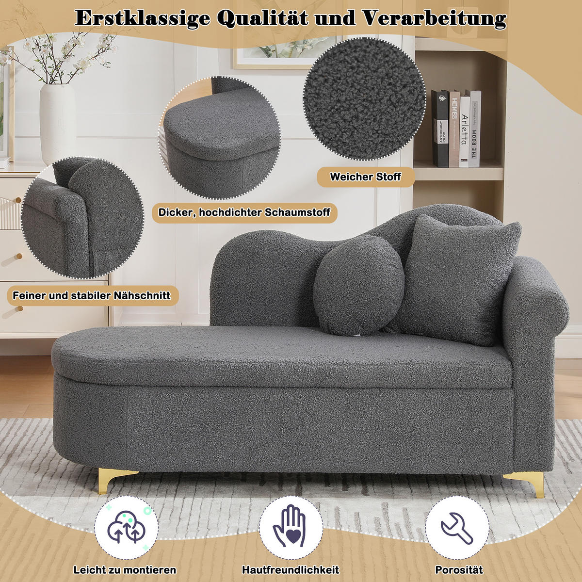 CHAISELONGUE mit Stauraum 134 cm, Teddyplüsch, modernes Design, wellenförmige Rückenlehne, inkl. Lenden- & Nackenkissen - Grau, Textil (64/70/134cm) - Ej. Life