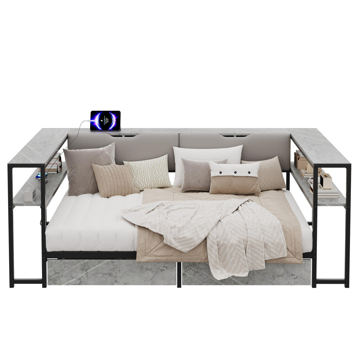 POLSTERBETT 90/200 cm mit USB- und Type-C-Anschluss, 2 Schubladen, 6 Staufächern und Lattenrost, Grau - Grau, Holzwerkstoff (90/200cm) - Redom