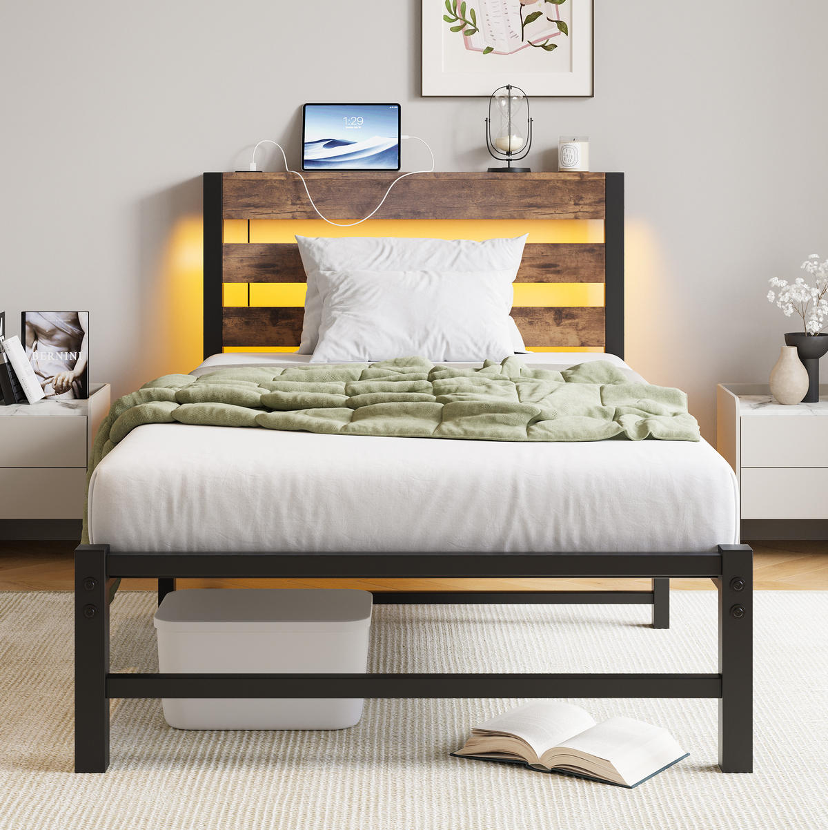 METALLBETT 90/200 cm Braun mit LED-Beleuchtung, USB-Ladestation und Stauraum unter dem Bett - Braun, Metall (90/200cm) - Oxeza