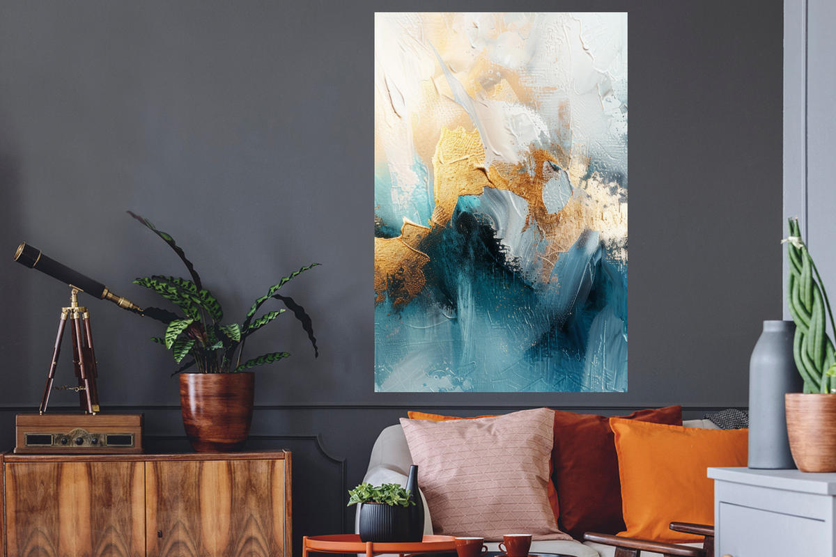WANDTATTOO Abstrakt - Kunst - Gold - Blau 80x120 cm - Petrol, Kunststoff (80/120/0.1cm) - MuchoWow