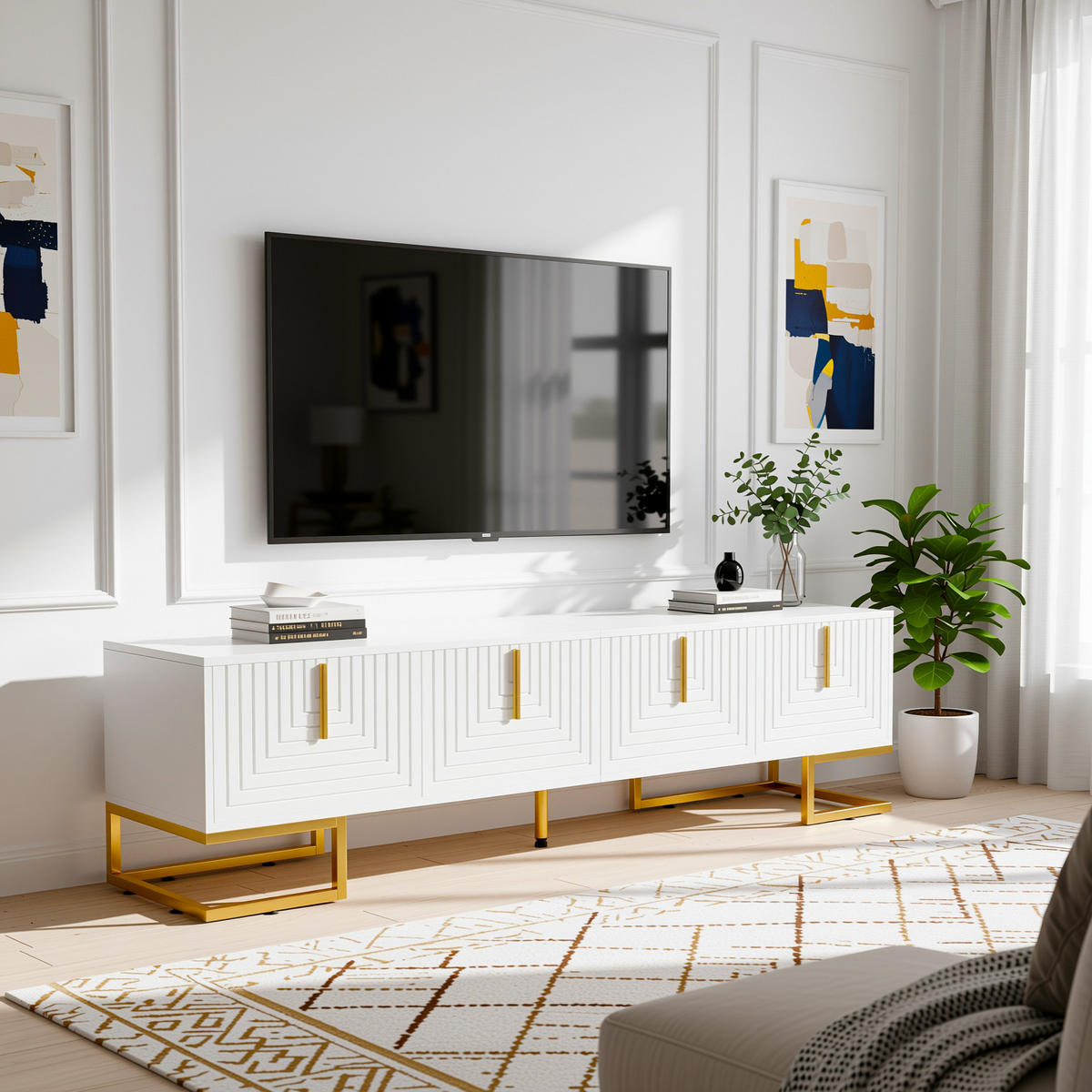 TV-SCHRANK Weiß mit Goldbeinen & 4 Türen Geometrisches Design 170×45 cm - Weiß, Holzwerkstoff (170/45.5/40cm) - Urban Meuble