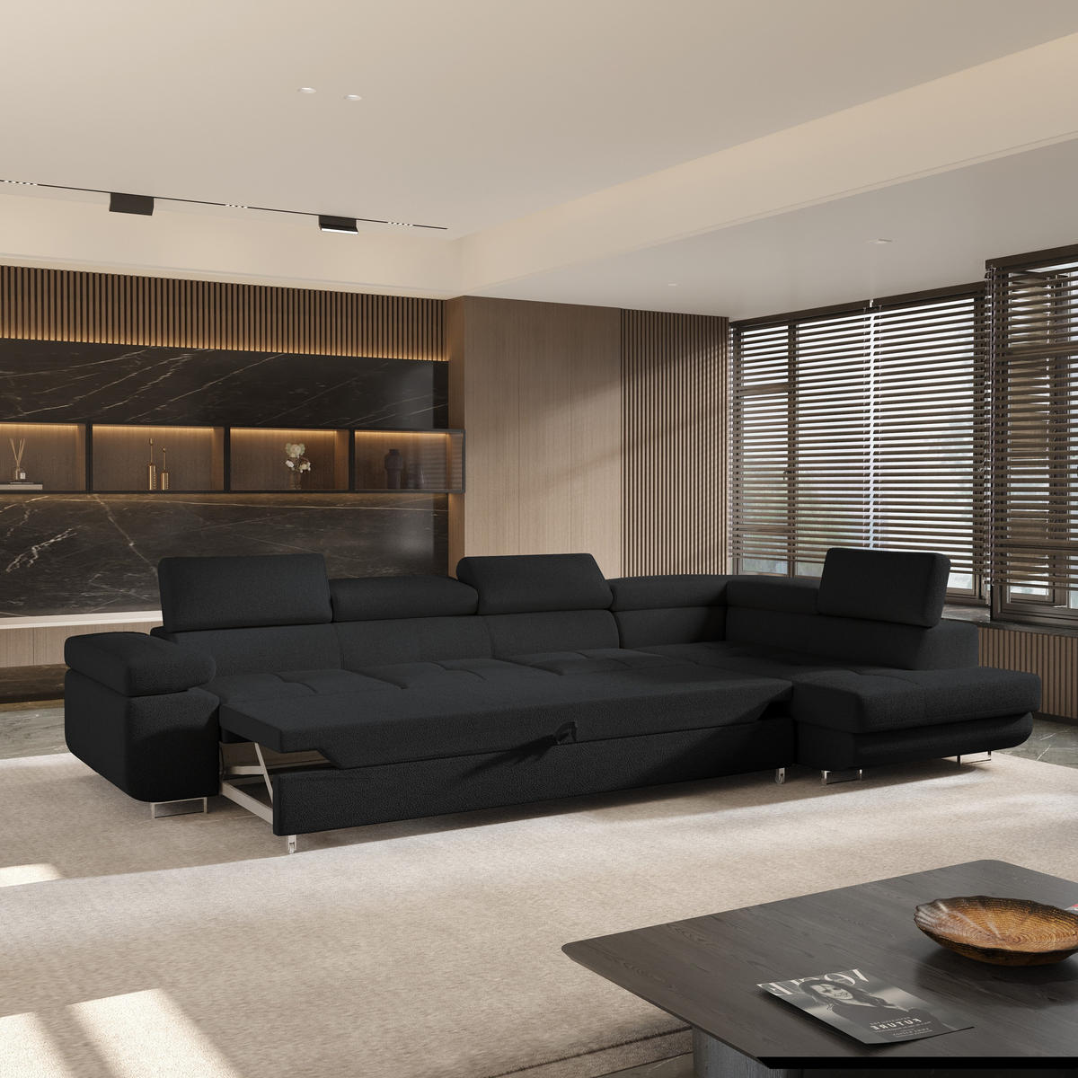 ECKSOFA VICENTE Schwarz Boucle-Stoff mit Schlaffunktion - Schwarz, Holz (346/202cm) - MASSENO