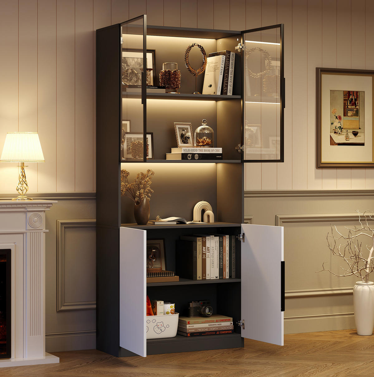 VITRINE 80/30/200 cm aus Holzwerkstoff mit LED-Beleuchtung und Glastüren Weiß - Weiß, Holzwerkstoff (80/200/30cm) - Modenvie