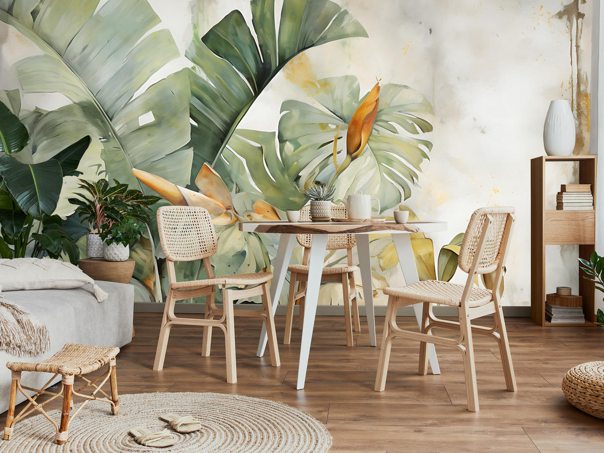 FOTOTAPETE für Wohnzimmer Exotische Blätter Abstrakt Pastell 300x210 - Gelb/Beige, Papier (300/210cm) - Muralo