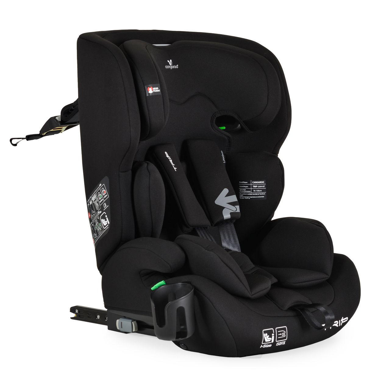 KINDERSITZ Trip i-Size schwarz (76-150cm) Isofix verstellbare Kopfstütze Gurt - Schwarz, Textil (40/60/45cm) - Cangaroo