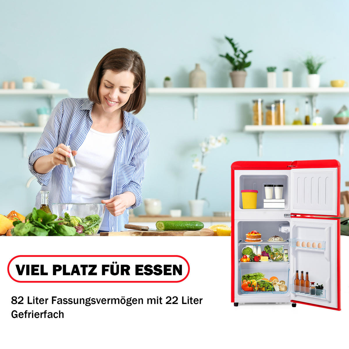 RETRO KÜHLSCHRANK 88,8cm Rot 60L Doppeltür LED Gefrier E Klasse - Rot, Kunststoff (45.5/42.5/88.8cm) - FLIEKS
