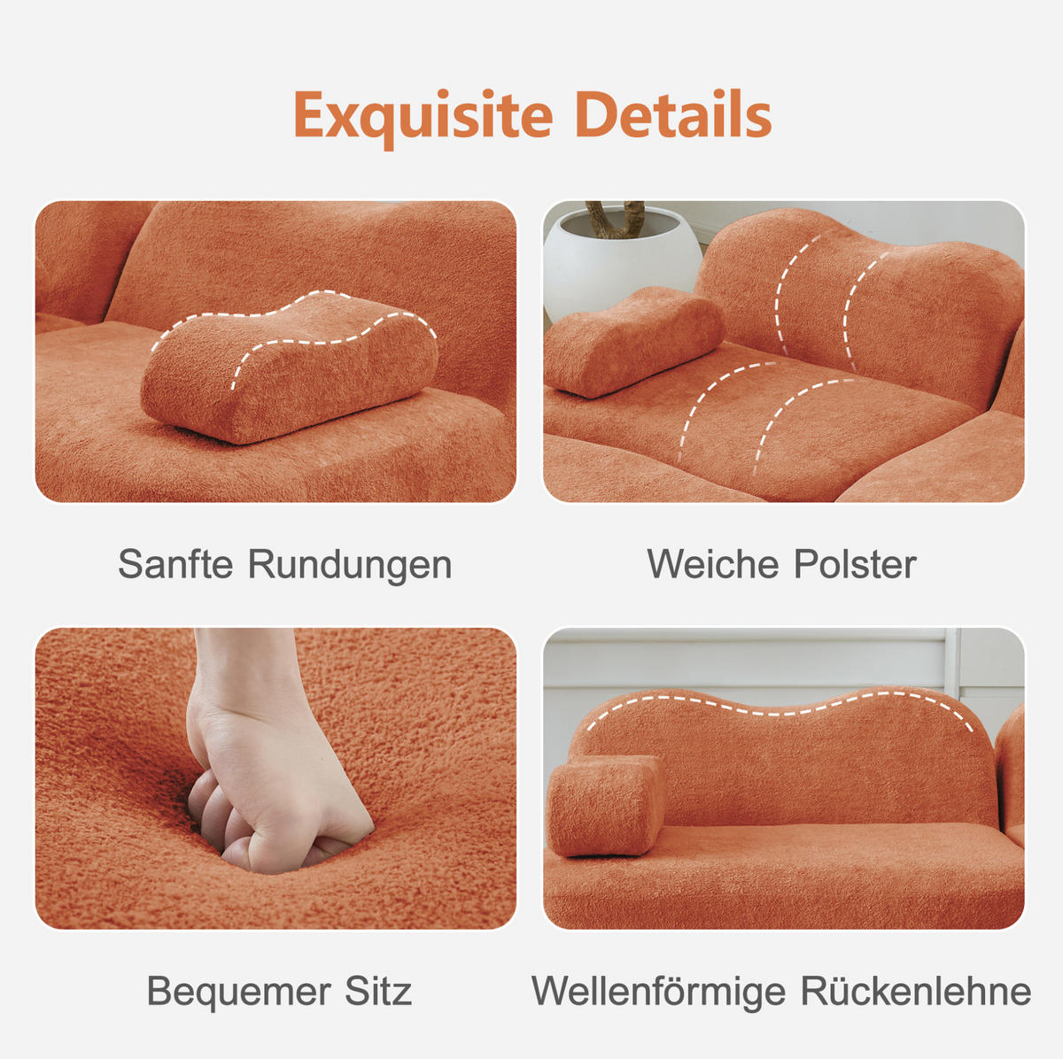 SOFA modular in Wellenform Samt Orange - Orange, Holzwerkstoff (98/70/288cm) - Meubliv