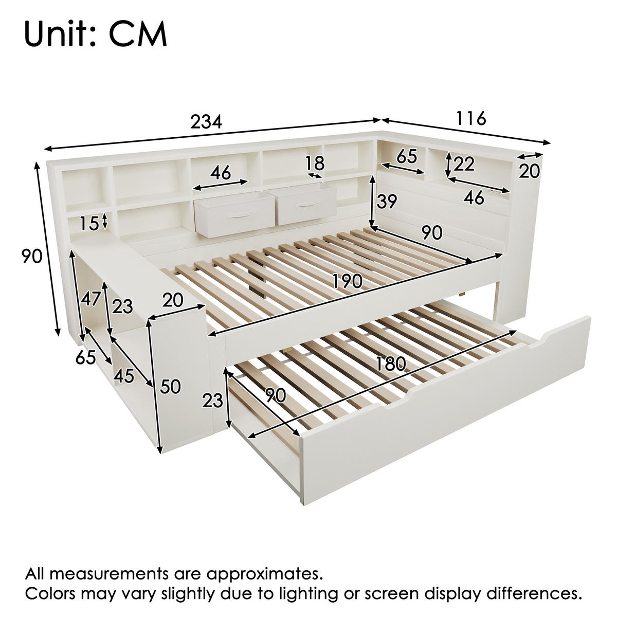 AUSZIEHBETT 90/190 cm DE-00789, in Weiß, USB-C und 3 Ablageflächen - Weiß, Holz (90/190cm) - ComfortXL