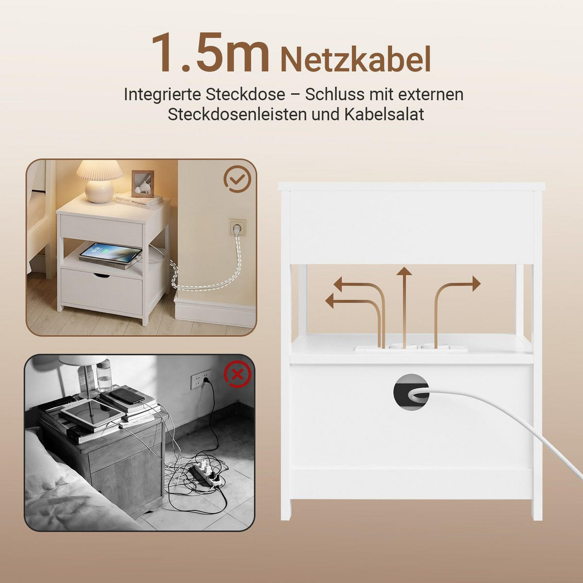 NOČNI stolček z dvema predaloma in polico - bela, leseni material (45/55/38cm) - SoBuy