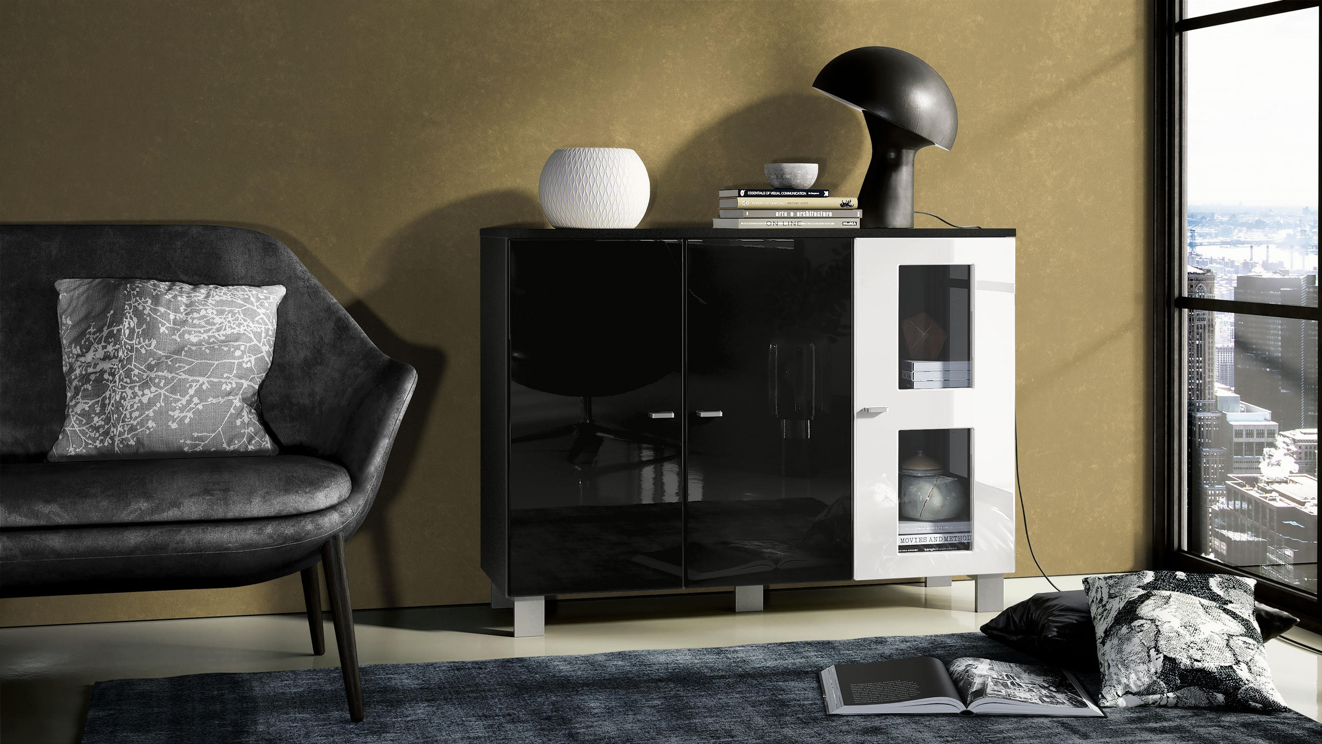SIDEBOARD Denjo Tür in Weiß Hochglanz - Weiß Hochglanz, Holzwerkstoff (107/81/35cm) - Vladon