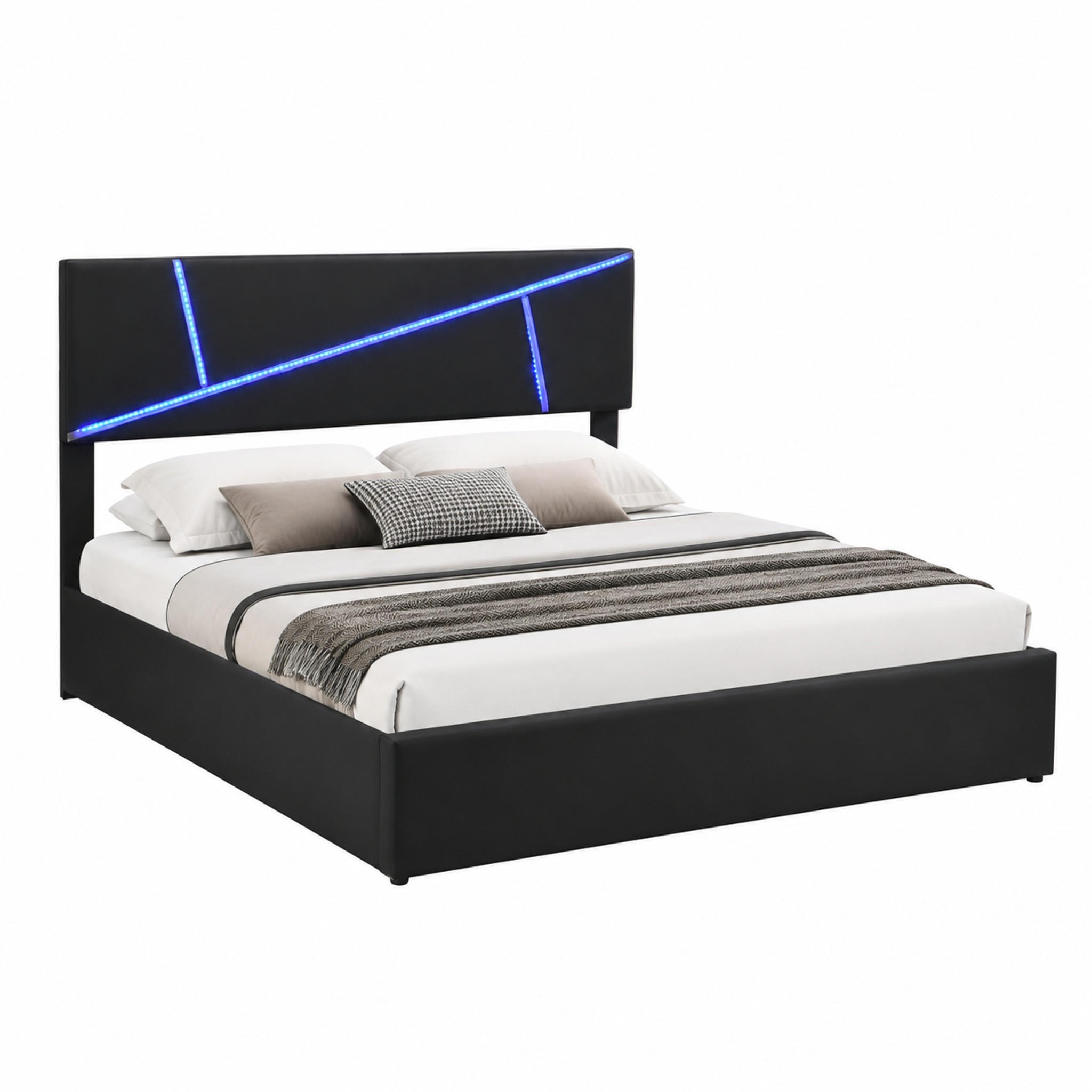 BETT mit LED und Stauraum PU Schwarz - Schwarz, Metall (140/200cm) - Meubliv
