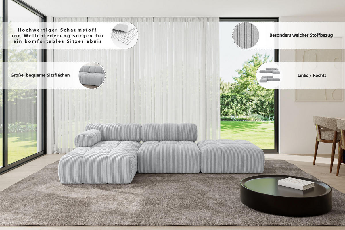 ECKSOFA modulares Sofa Lizur-L1 - 285x160x70 cm Apricot Velours - Koralle, Holzwerkstoff/Textil (285/160cm) - ALTDECOR
